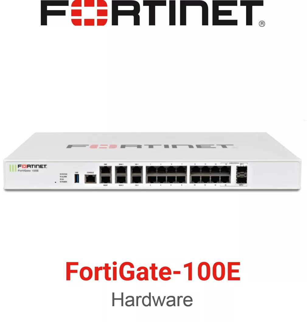 Fortinet FortiGate 100E Firewall 20 x GE RJ45 ports (including 2 x WAN ports, 1 x DMZ port, 1 x Mgmt port, 2 x HA ports, 14 x switch ports), 2 x Shared Media pairs (Including 2 x GE RJ45 ports, 2 x SFP slots).