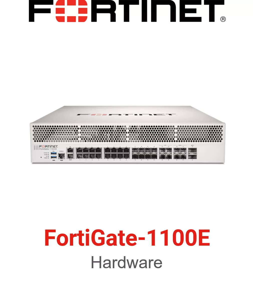 Fortinet FortiGate 1100E Firewall 2x 40GE QSFP+ slots , 4x 25GE SFP28 slots, 4x 10GE SFP+ slots, 8x GE SFP slots, 18x GE RJ45 ports (including 16x ports, 2x management/HA ports) SPU NP6 and CP9 hardware accelerated, and 2 AC power supplies