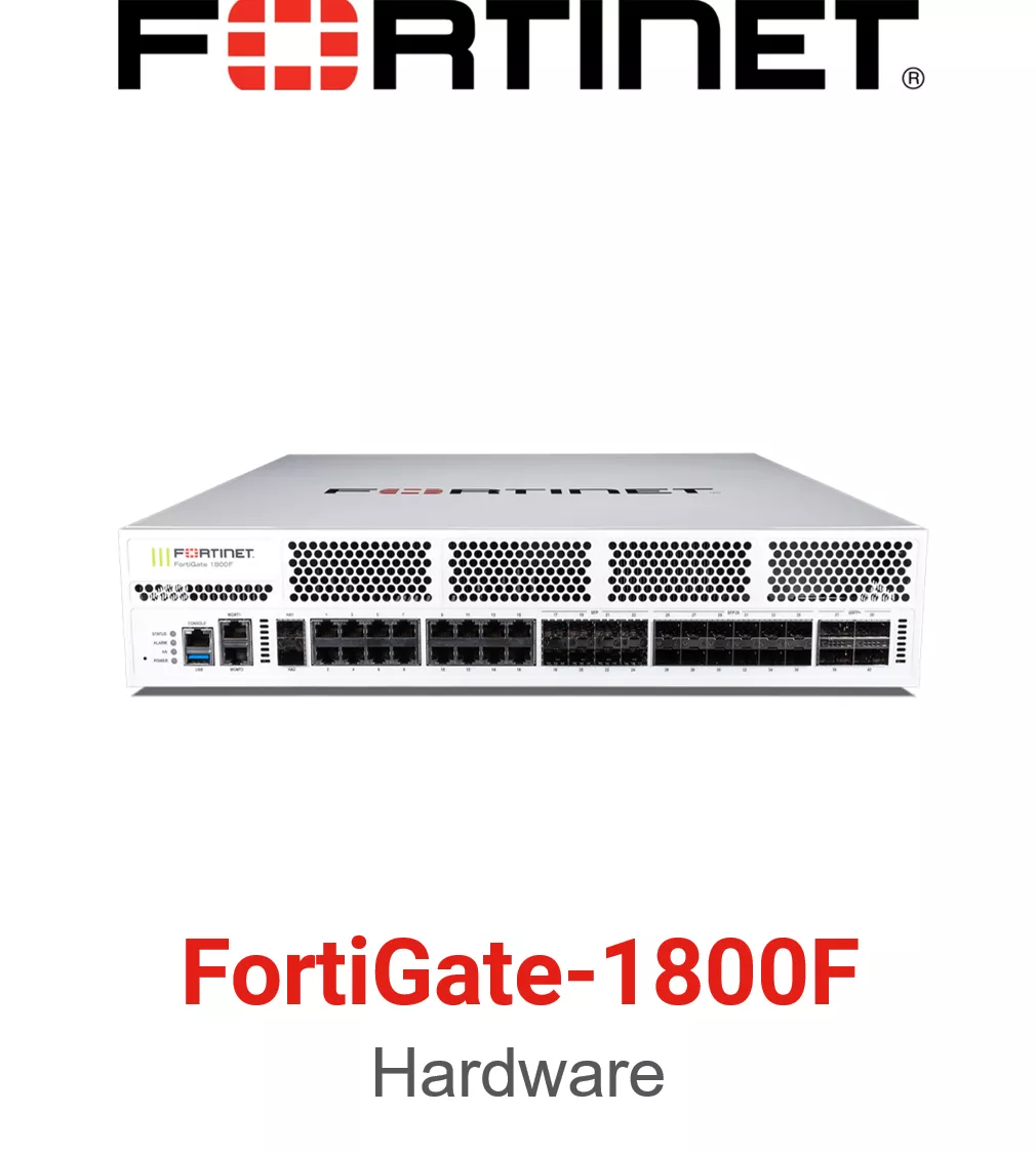 Fortinet FortiGate 1800F Firewall 4 x 40GE QSFP+ slots, 12 x 25GE SFP28 /10GE SFP+ slots, 2x10GE SFP+ HA slots, 8 x GE SFP slots, 18 x GE RJ45 ports. SPU NP7 and CP9 accelerated, dual AC power supplies