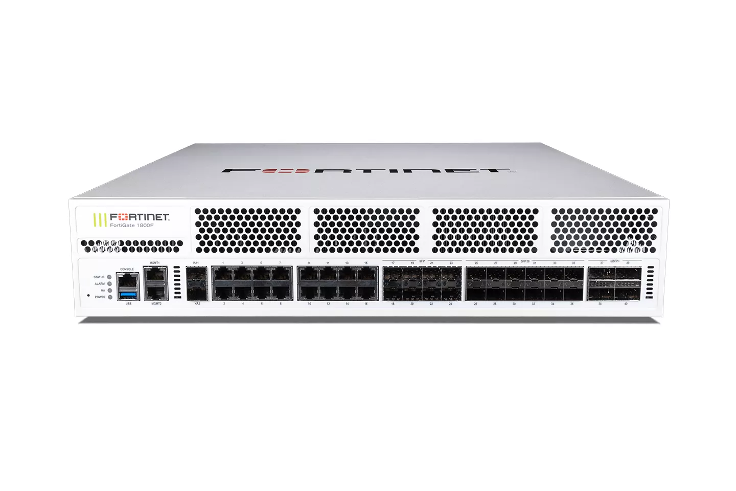 Fortinet FortiGate 1800F Firewall 4 x 40GE QSFP+ slots, 12 x 25GE SFP28 /10GE SFP+ slots, 2x10GE SFP+ HA slots, 8 x GE SFP slots, 18 x GE RJ45 ports. SPU NP7 and CP9 accelerated, dual AC power supplies - Image 3