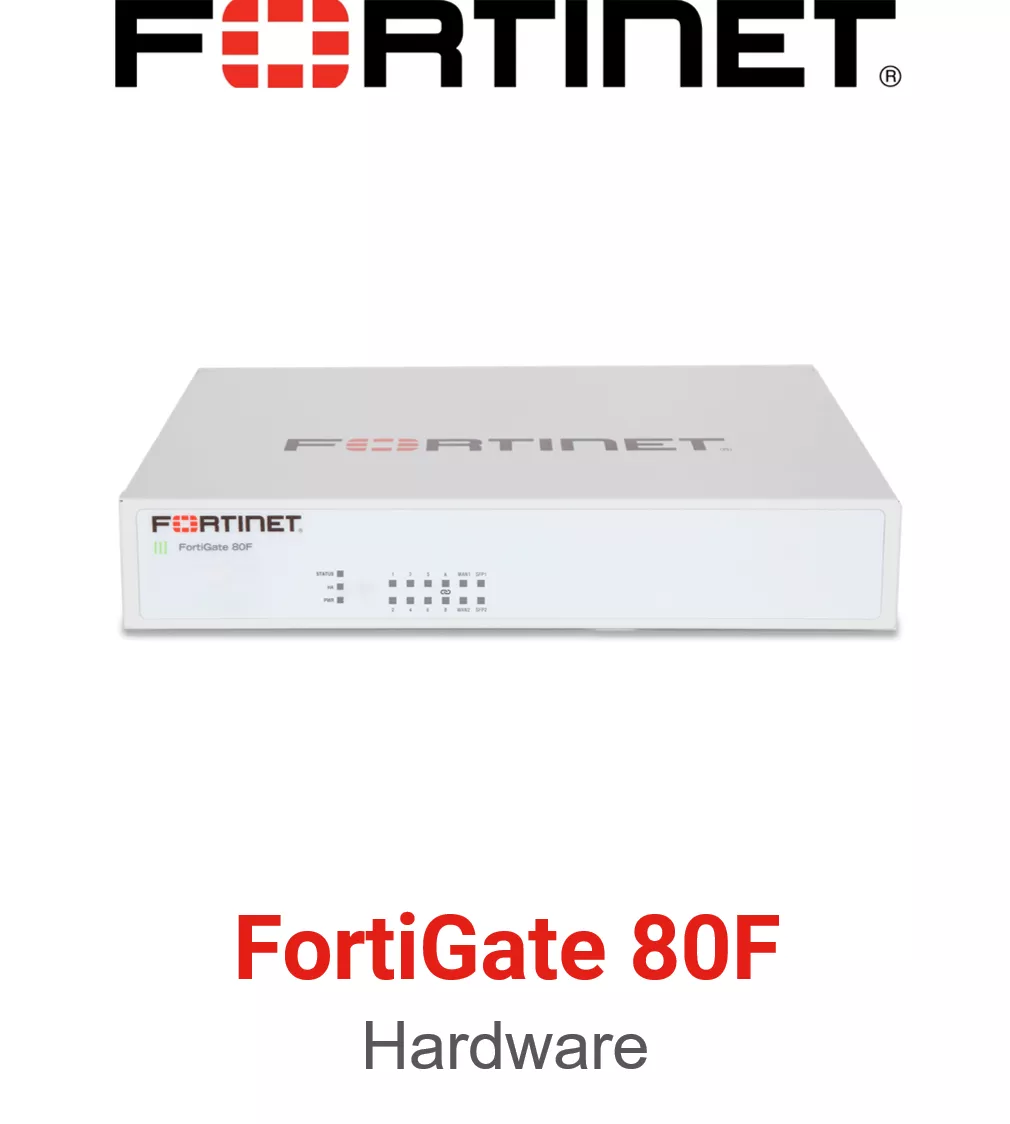 Fortinet FortiGate 80F Firewall 14 x GE RJ45 ports (including 1 x DMZ port, 1 x Mgmt port, 1 x HA port, 12 x switch ports), 2 x Shared Media pairs (Including 2 x GE RJ45 ports, 2 x SFP slots).