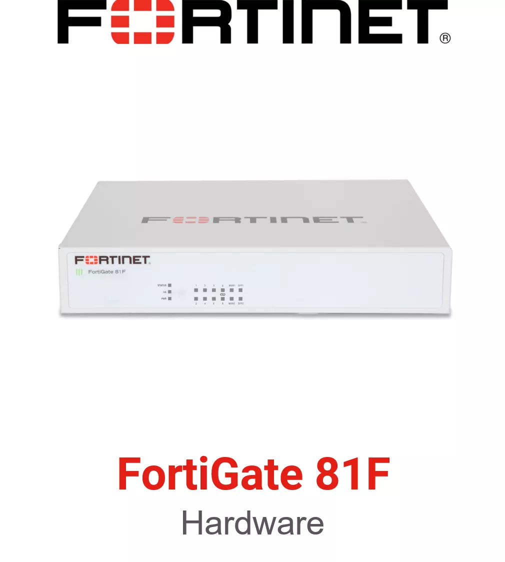 Fortinet FortiGate 81F Firewall 14 x GE RJ45 ports (including 1 x DMZ port, 1 x Mgmt port, 1 x HA port, 12 x switch ports), 2 x Shared Media pairs (Including 2 x GE RJ45 ports, 2 x SFP slots). 128GB onboard storage.