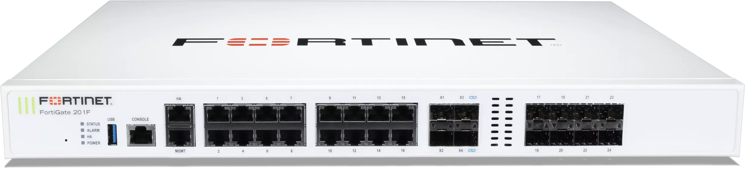 Fortinet FortiGate 201F Firewall 18 x GE RJ45 (including 1 x MGMT port, 1 X HA port, 16 x switch ports), 8 x GE SFP slots, 4 x 10GE SFP+ slots, NP6XLite and CP9 hardware accelerated, 480GB onboard SSD storage. - Image 3